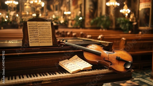 Elegant Violin and Music Sheet on Grand Piano in Beautiful Church photo
