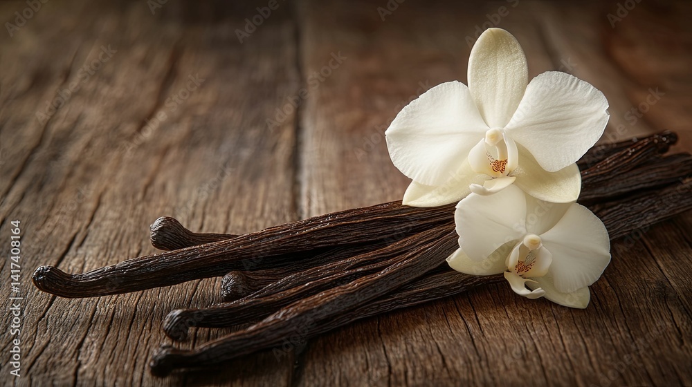 Fototapeta premium Vanilla beans and orchids on a rustic wooden surface.