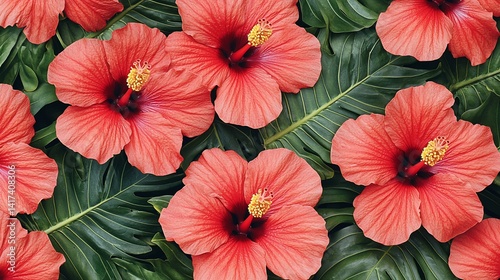 Wallpaper Mural Vibrant Hibiscus Flowers and Tropical Leaves Torontodigital.ca
