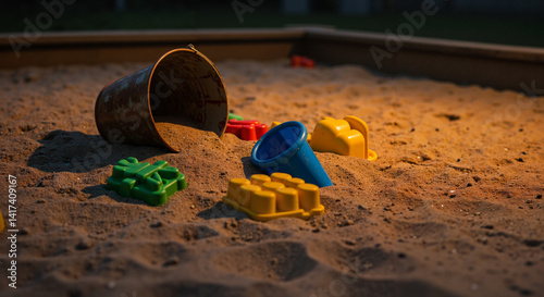 Colorful toy buckets and molds scattered in a sandbox  