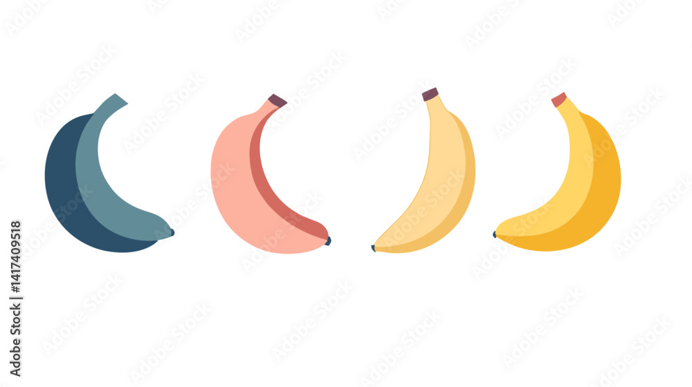 Obraz premium Four Bananas in Varying Stages of Ripeness: Teal, Pink, Yellow, and Golden