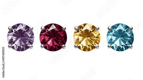 Four Vibrant Round Gemstones in Purple, Red, Yellow, and Blue