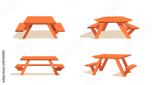 Four Views of a Foldable Wooden Picnic Table
