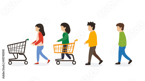 People Walking with Shopping Carts in Line, Flat Colorful Illustration