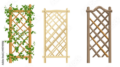 Three Wooden Trellises: Natural Wood, Beige Wood, and Brown Rustic Designs