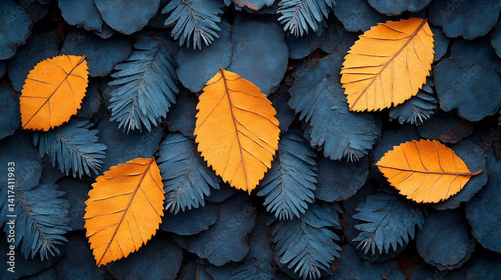 Fototapeta premium Striking contrast vivid orange leaves amidst a deep blue foliage backdrop creating a captivating autumn nature scene