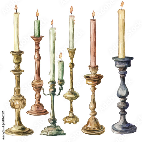 watercolor of Set Of Old Brass Candlesticks, vector, isolated on a white background.