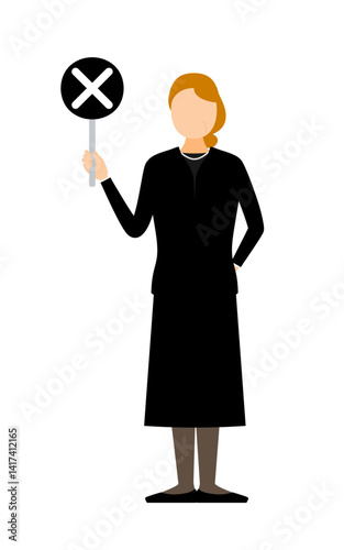 Simple illustration of a senior woman in mourning holding a maru-batu stick