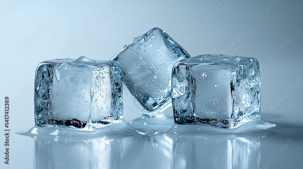 Close-up of three melting ice cubes on a light blue surface. Close-up of three melting ice cubes on a light blue surface.