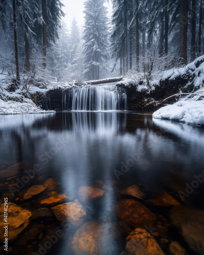 Photo of a small waterfall long exposure with reflection of waterfall in foreground in forest during winter Generative AI	
