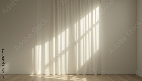 Morning sunlight streaming through sheer curtains in a minimalist room interior design calm ambiance modern aesthetic soft lighting