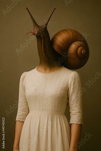 A surreal image of a person in a delicate, lace-trimmed white dress with a snail's head, featuring a large spiral shell and antennae, set against a muted, textured background.
