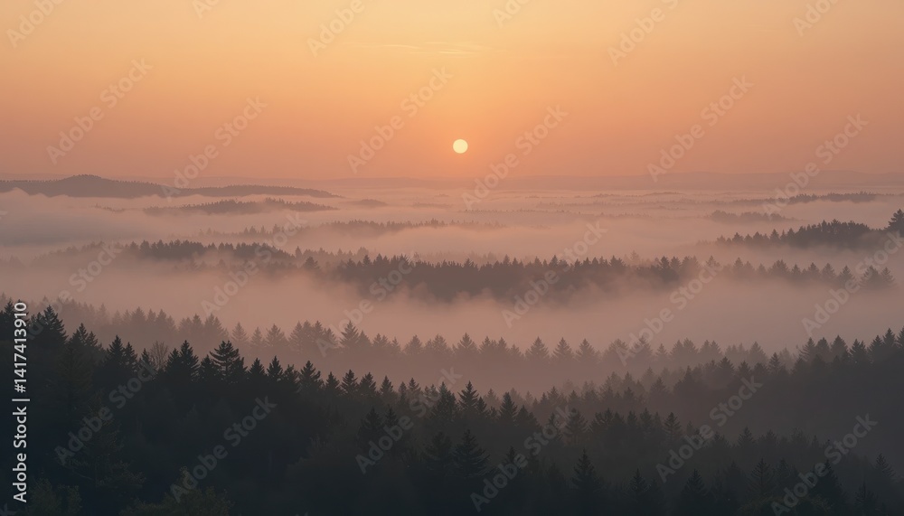 Fototapeta premium Breathtaking sunrise over misty forest nature landscape photography tranquil environment aerial view serenity concept