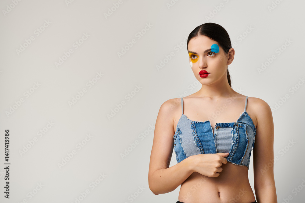Young woman showcases vibrant face art with stylish denim outfit in a creative setting