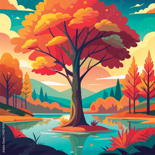 Autumn lake scene with colorful trees.