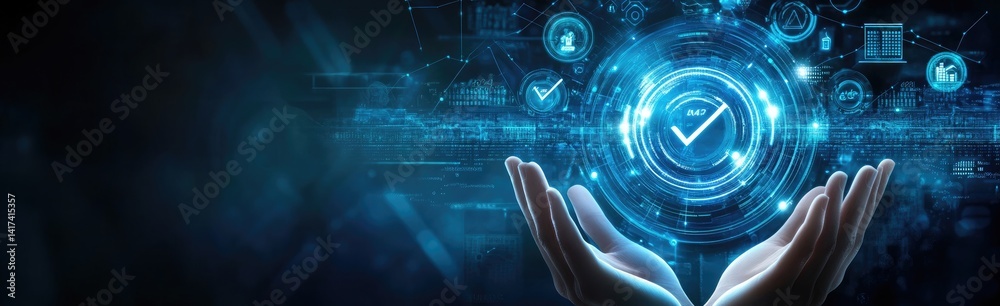 Fototapeta premium Hands Holding Digital Tick Icon with HUD Elements Against a Blurred Background