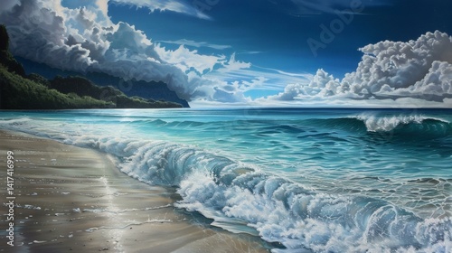 Foamy ocean waves cresting and crashing onto the shore, with a verdant headland under a cloudy blue sky