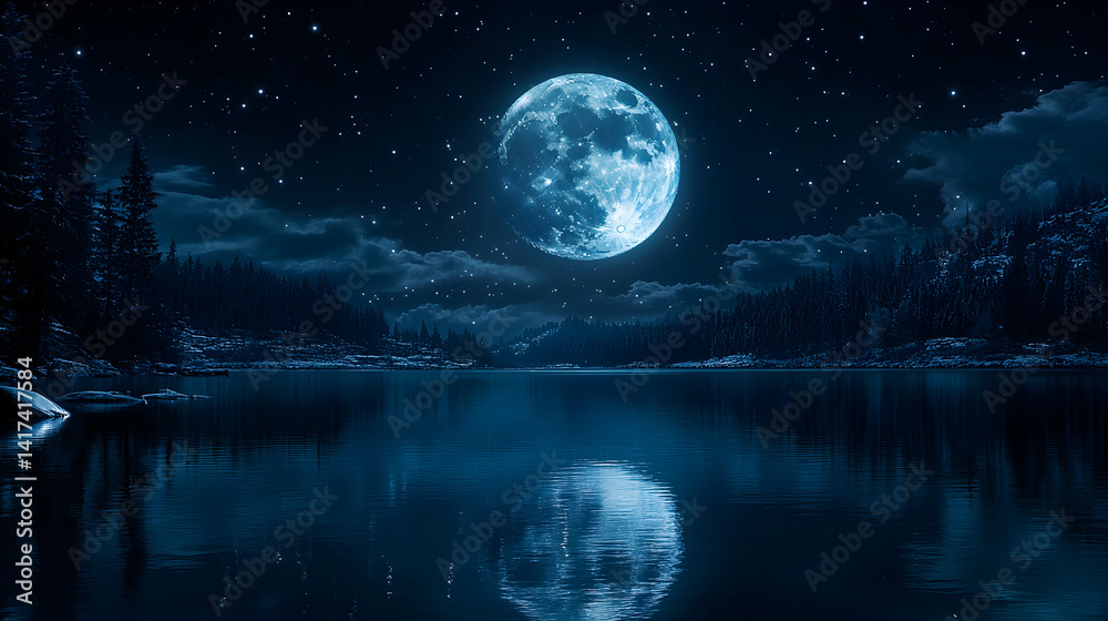 Full moon over a tranquil lake reflects in the water surrounded by dark trees beneath a sky filled with stars Full moon over a tranquil lake reflects in the water surrounded by dark trees beneath a sky filled with stars