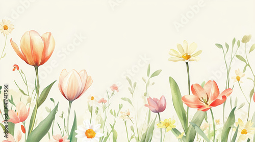 watercolor floral background features blooming spring flowers in soft pastel colors, creating serene and cheerful atmosphere. delicate petals and green leaves add touch of elegance