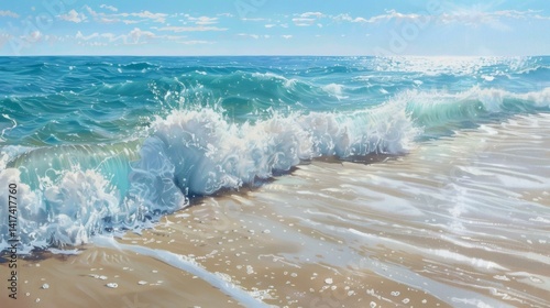 Foamy ocean waves rolling gently onto the sandy shore under a bright, clear blue sky with wispy clouds and shimmering sunlight photo