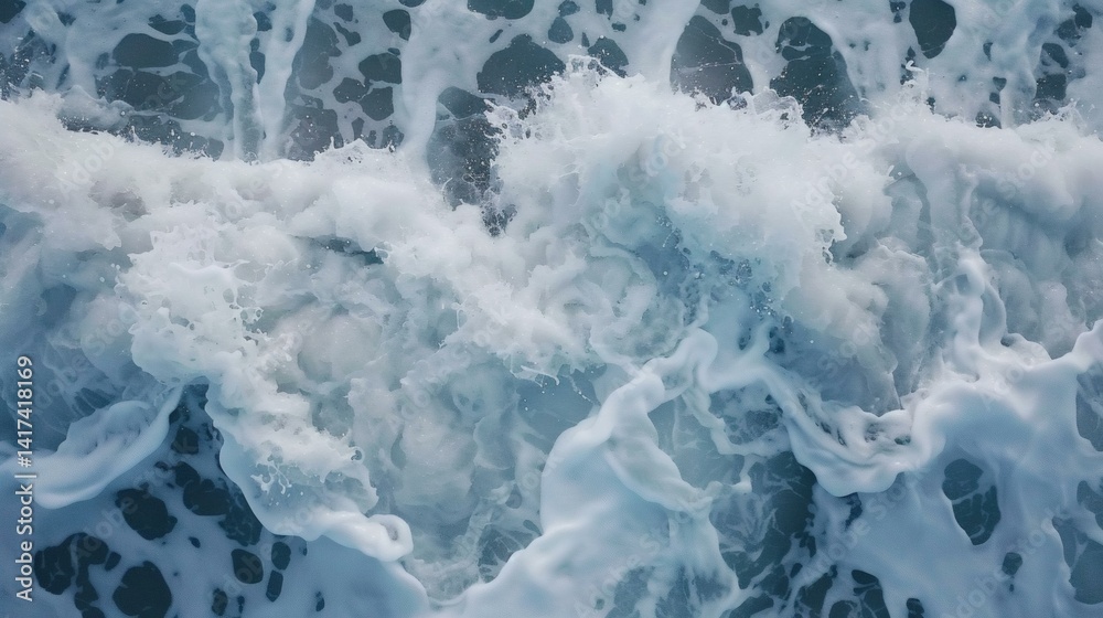 Obraz premium Foamy waves rolling on the ocean surface with dynamic motion, creating patterns of white and blue, a tranquil yet powerful sea scene