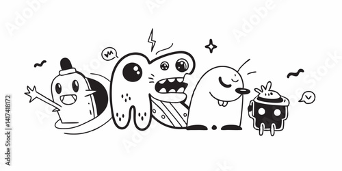 Vector set of doodle-style illustrations of fantasy monsters with different characteristics and feature