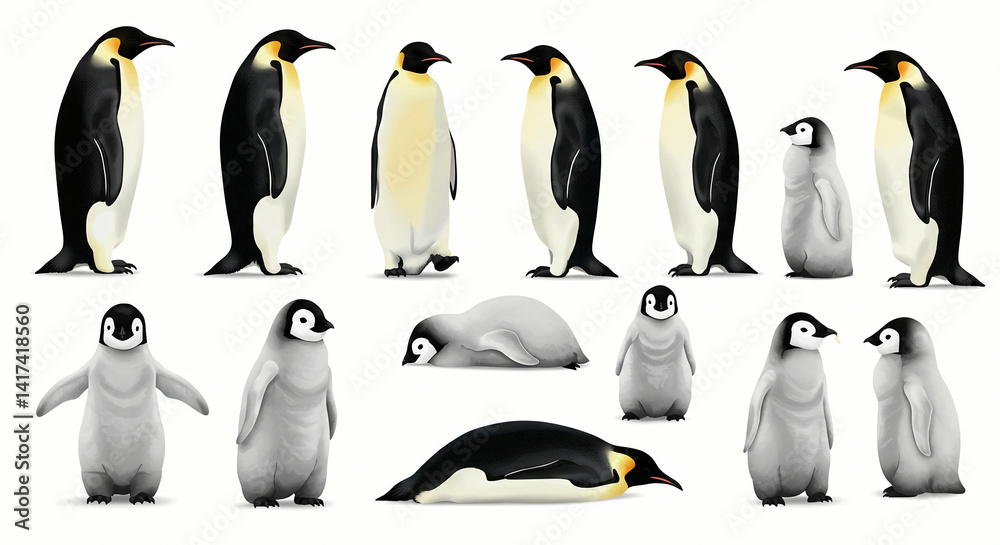 Obraz premium Group of Penguins Standing and Lying Down on White Background