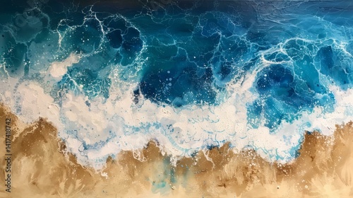 Aerial view of turquoise ocean waves crashing onto a sandy beach, creating white foam patterns