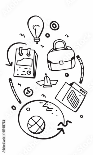 Doodle-style vector set of travel essentials, including luggage, maps, and famous landmarks. 