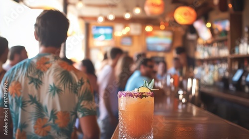 Busy bar scene, cocktail on counter