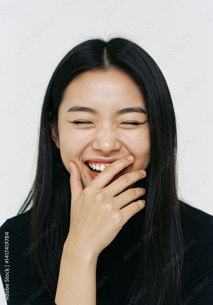 Woman Laughing, Young woman laughing, covering her mouth with her hand., Generative AI Woman Laughing, Young woman laughing, covering her mouth with her hand., Generative AI