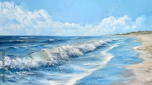 Soft foamy waves rolling toward the sandy beach with blue water and puffy white clouds painted in an impressionistic style