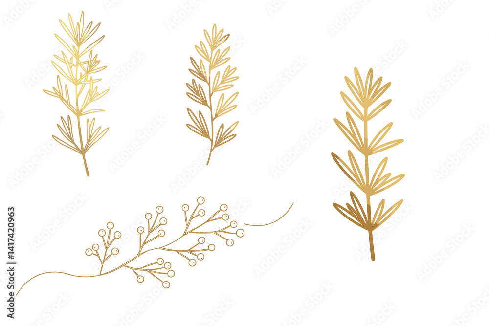 Good a set of plants. Gold botanical illustrations of leaves and branches on white background Good a set of plants. Gold botanical illustrations of leaves and branches on white background