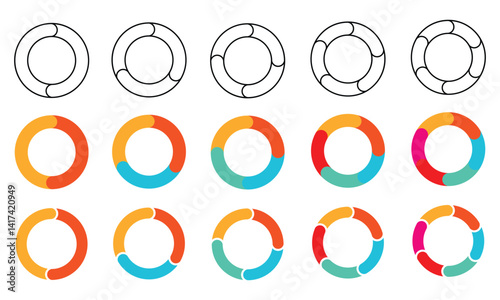 Pie chart set. Circle diagram design. Circular graph with 2, 3, 4, 5 steps for business presentation. Progress wheel infographic vector template