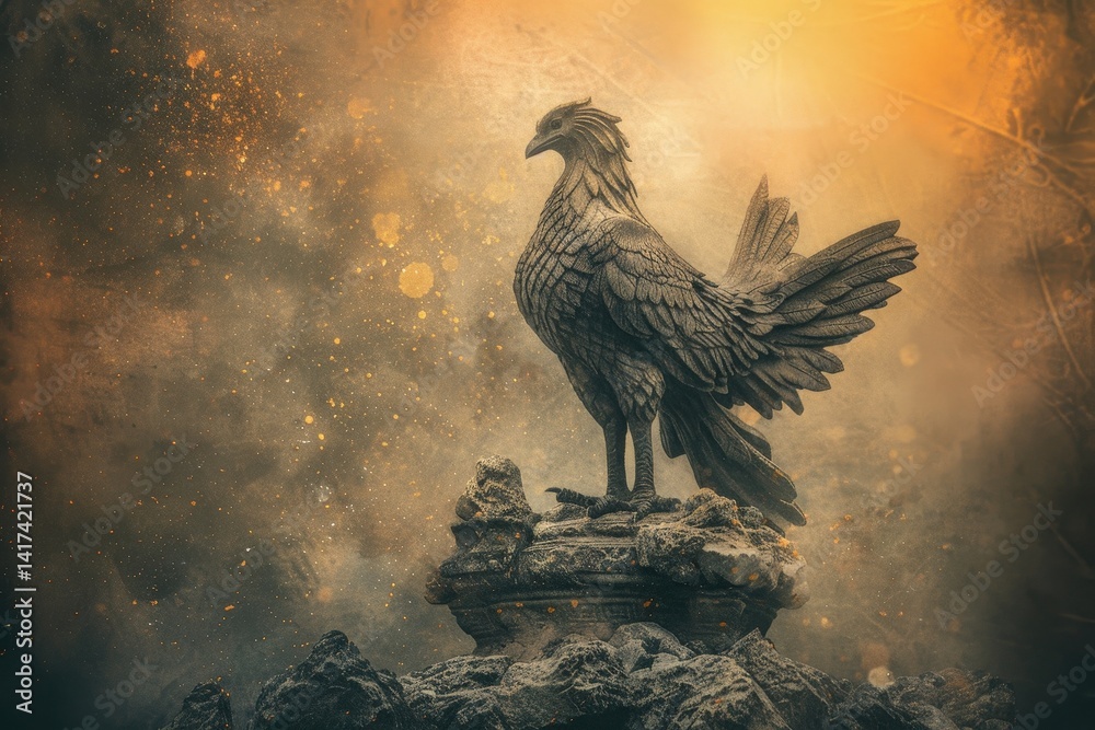 Fototapeta premium Majestic bronze avian sculpture atop weathered stone pedestal.
