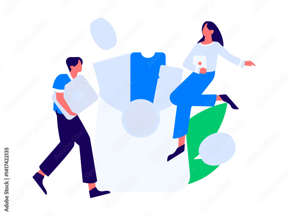 Obraz premium Holiday shopping people doing e-commerce online shopping flat vector concept operation hand drawn illustration 