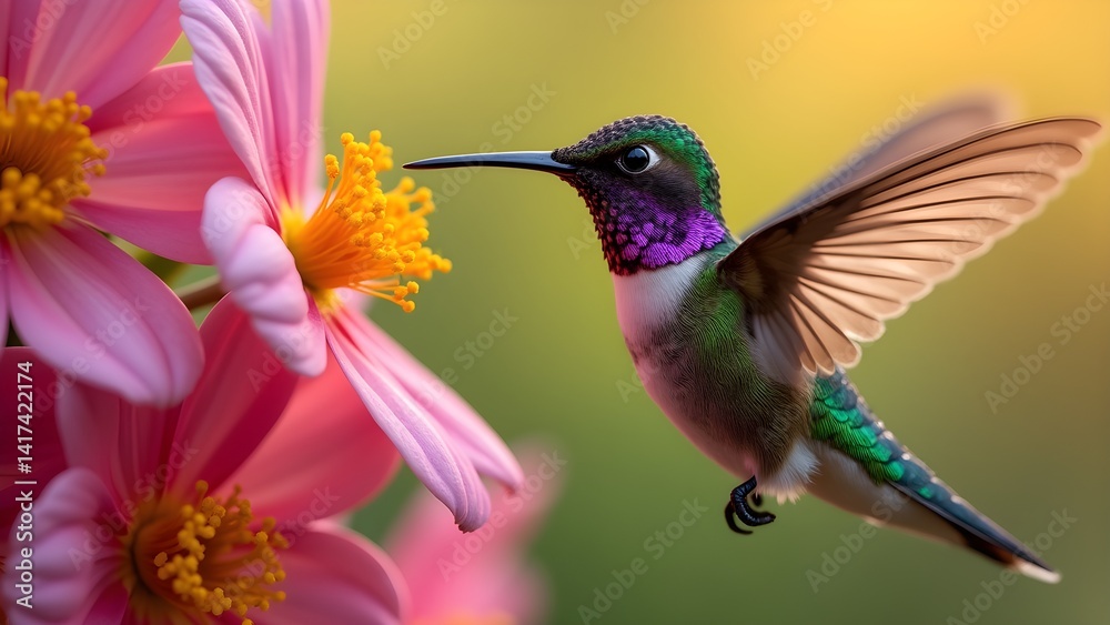 Hummingbird Flight: Vibrant Bird Feeds on Nectar from Pink Flowers in a Lush Garden Hummingbird Flight: Vibrant Bird Feeds on Nectar from Pink Flowers in a Lush Garden