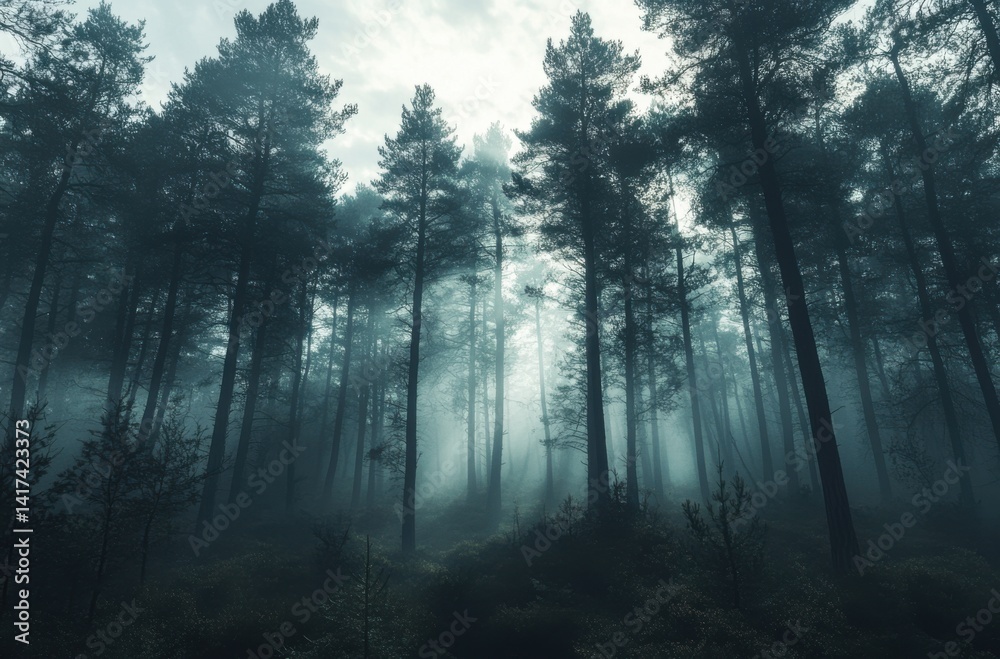 Obraz premium 8K moody pine forest with heavy fog, mysterious atmosphere