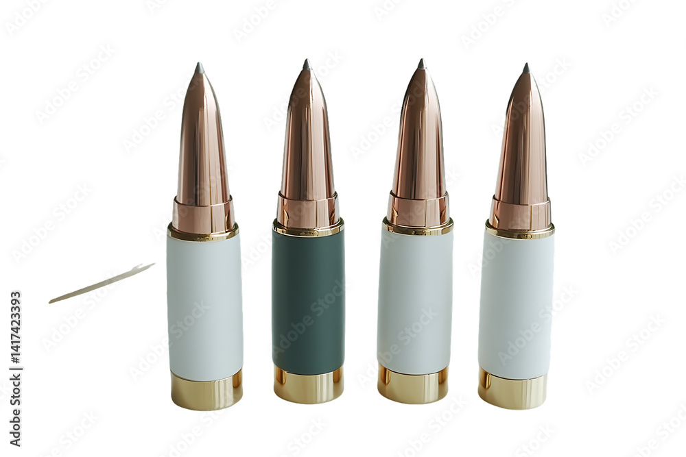 Minimalist Bullets: Row of Four Ammunition Rounds, Light and Dark Green Casings, Brass Accents on White. Minimalist Bullets: Row of Four Ammunition Rounds, Light and Dark Green Casings, Brass Accents on White.