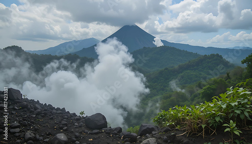 Fuego Volcano Foothills – Smoky air drapes over black earth and green jungle, as the volcano smolders in the distance, quiet but watching.