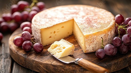 Round cheese wheel sliced, ready to eat with grapes