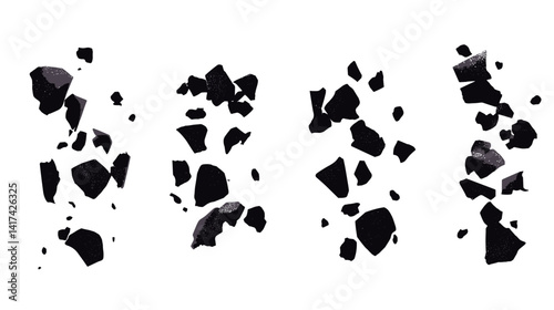 Abstract Composition of Scattered Dark Fragments on White Background
