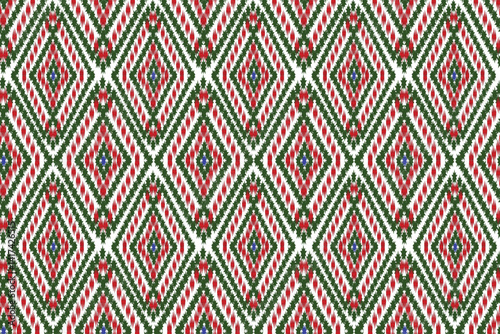 Seamless Thai silk imitation fabric pattern in green, black, white and red.
