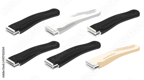 Close Up of Multiple Black White and Beige Razors on White Background