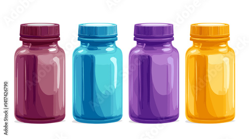 Colorful Plastic Pill Bottles in a Row on White Background