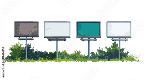 Four Blank Billboards with Green Bushes