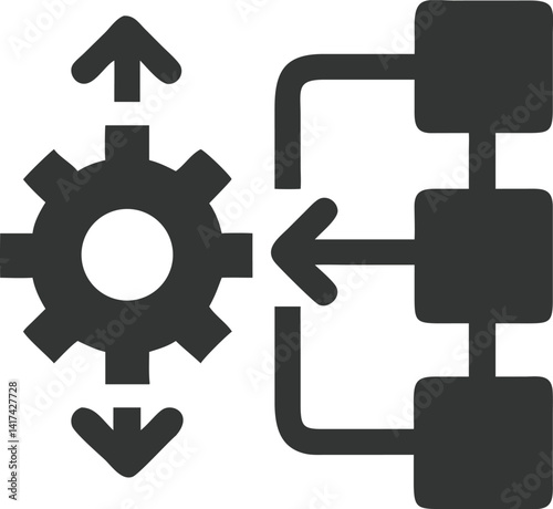 Gray gear with arrows and connected blocks with transparent background