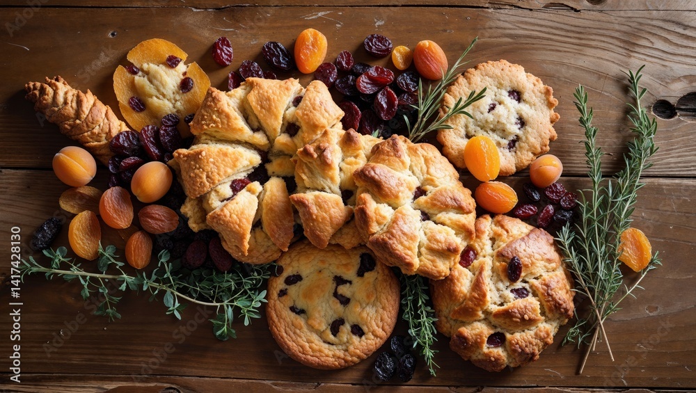 Fototapeta premium Golden baked goods with dried fruit and herbs arranged on wooden surface capturing delectable treat