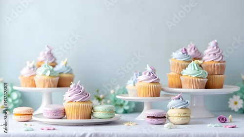 Elegant Display of Pastel Cupcakes and Macarons on Stands for Celebratory Occasions
