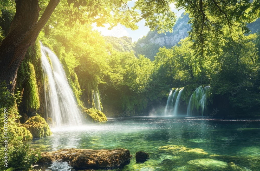 8K tranquil pine forest with a crystal-clear waterfall, 8K tranquil pine forest with a crystal-clear waterfall,